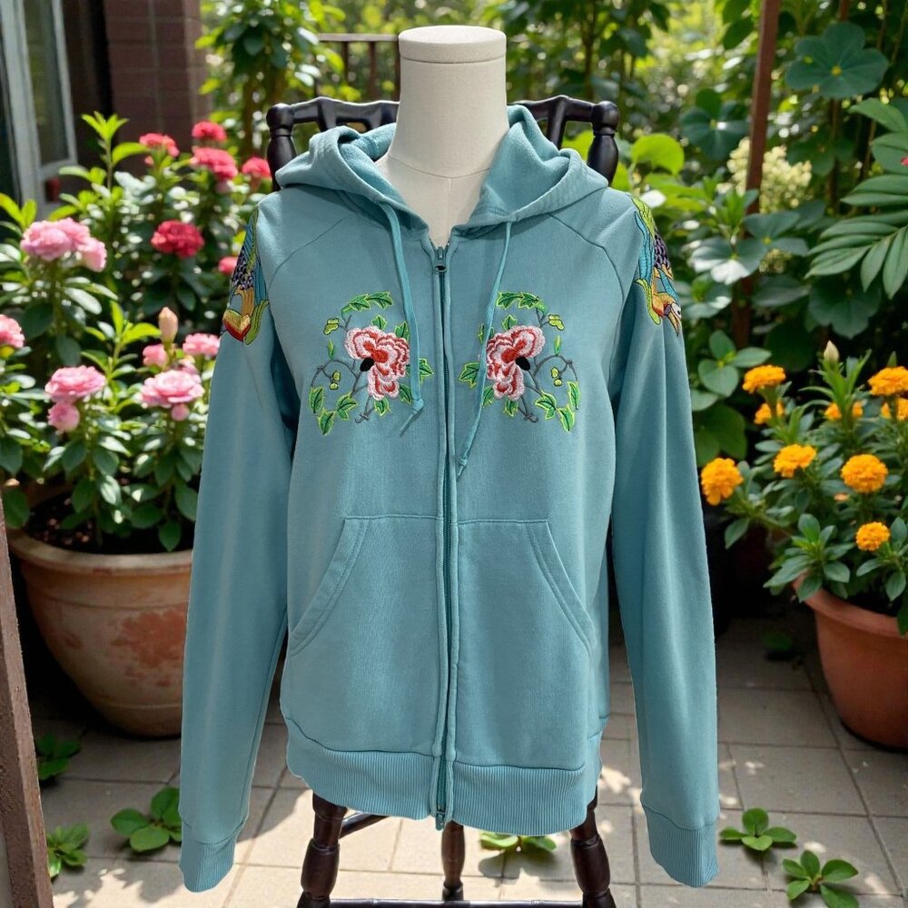 Boho Embroidered Floral Hoodie Bird Zip Up SZ M Cottagecore Y2K Streetwear Indie